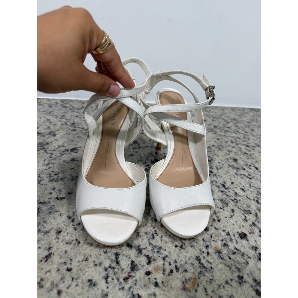 Gianni Bini White Leather Peep Toe Stiletto Heels Ankle Strap Sandals Size 6.5M